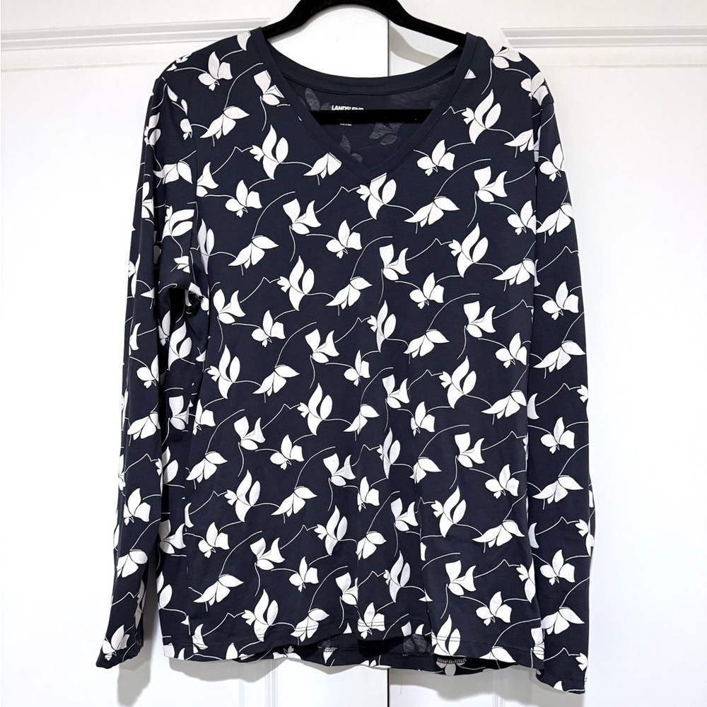 Lands' End Dark Blue and White Leaf Print Top